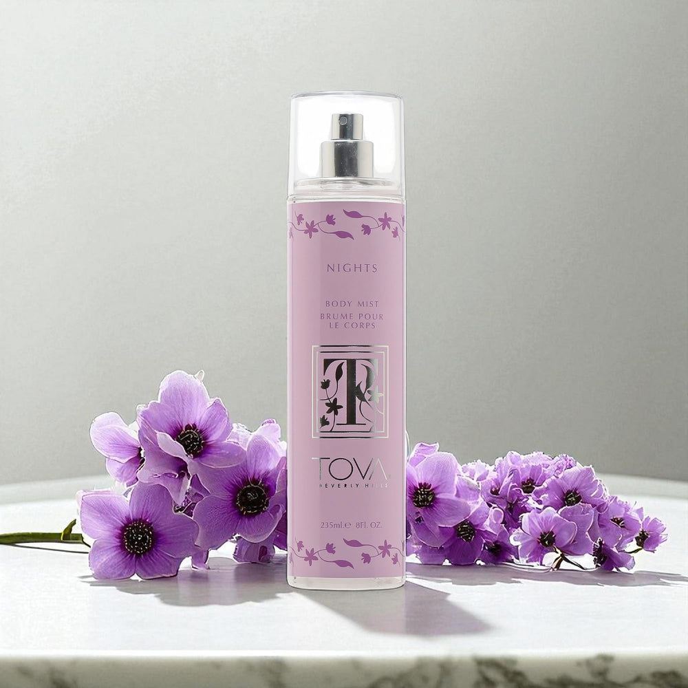 TOVA Nights bottle close-up label highlighting lilac, peonies, and spice notes.