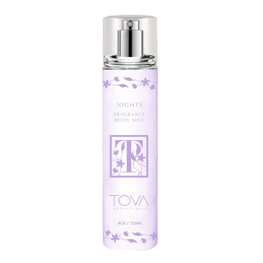 TOVA Nights bottle front view, refined packaging for an evening fragrance concept.