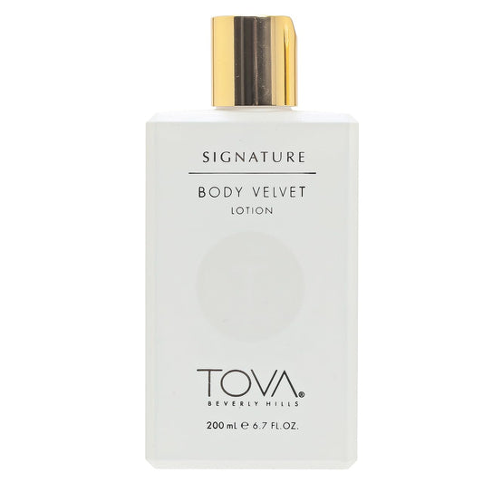 Tova Signature Body Velvet Lotion bottle shows fast-absorbing hydration for daily skin conditioning.