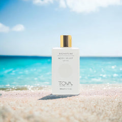 Tova Signature Body Velvet Lotion pump application highlights silky texture and even coverage for daily use.
