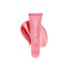 Tower 28 LipSoftie Watermelon Kiwi front view showing glossy hydration on lips.