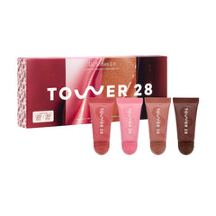 Tower 28 LipSoftie mini set packaging with four lip treatments for on-the-go use.