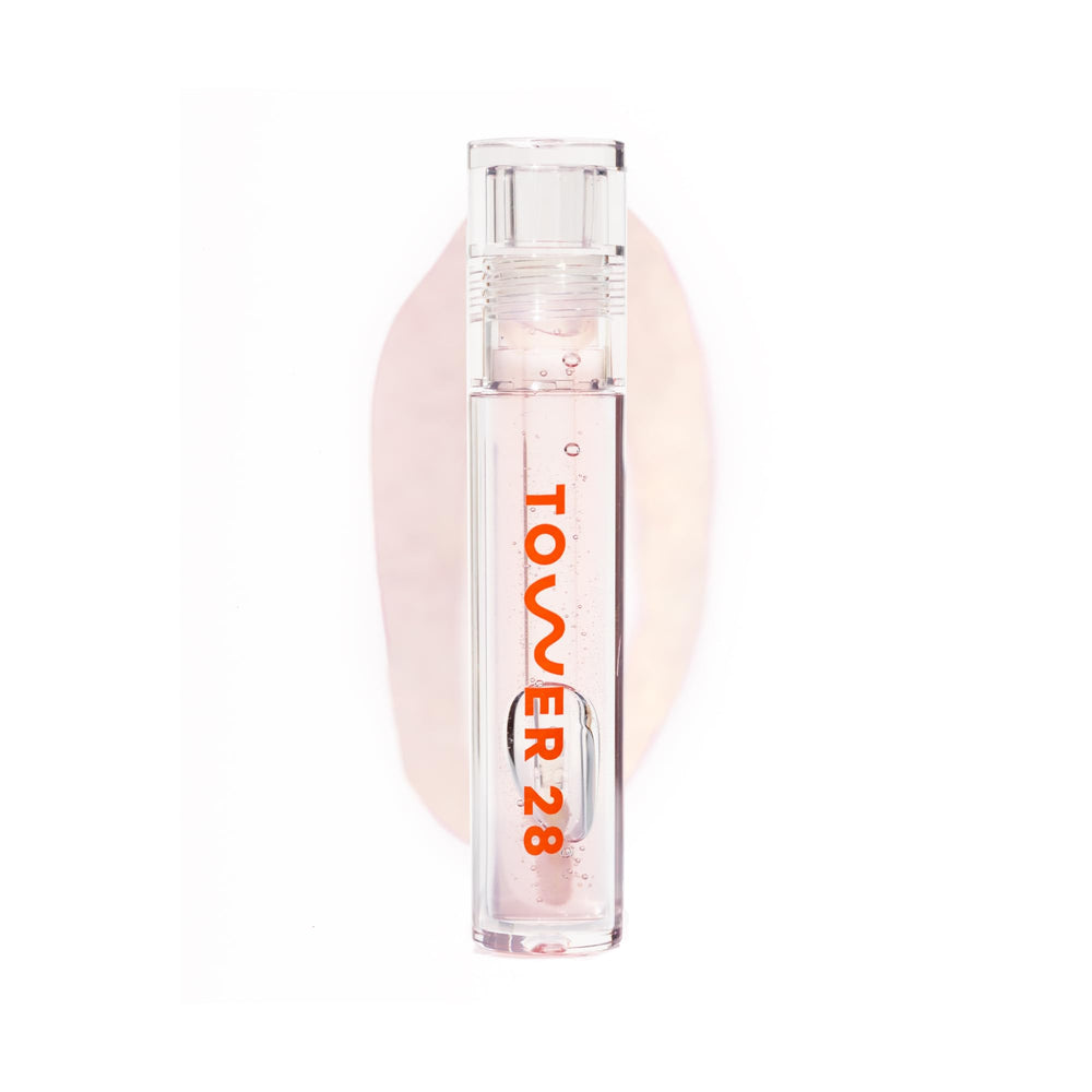 Tower 28 ShineOn Clear Lip Gloss Jelly packaging close-up showing premium design.