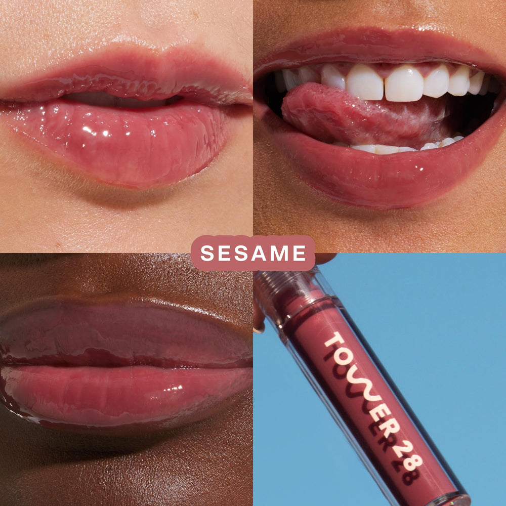 Tower 28 ShineOn Lip Jelly milky gloss close-up with translucent color