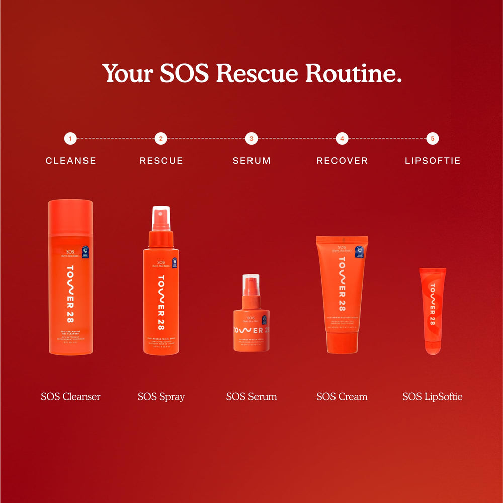 Tower 28 SOS Recovery Face Cream bottle on a clean countertop