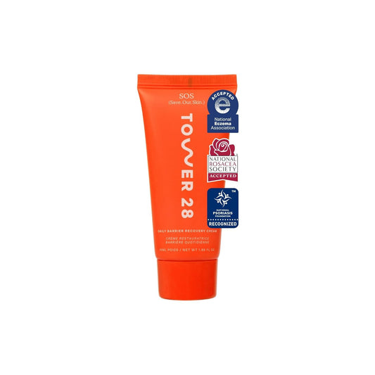Tower 28 SOS Recovery Face Cream jar closeup shows soothing, creamy texture for sensitive skin