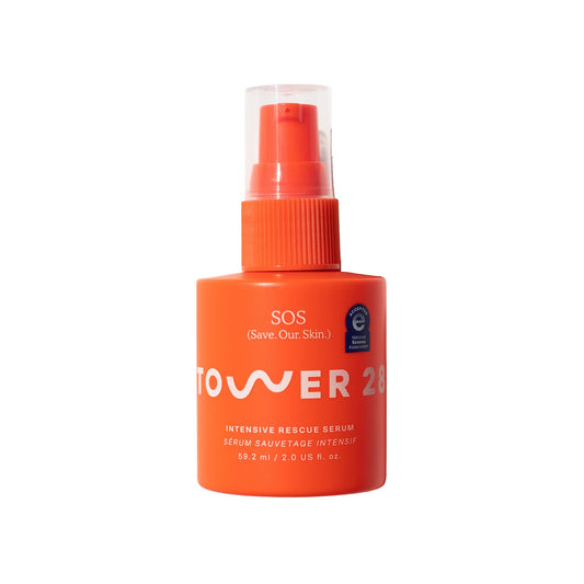 Tower 28 SOS Rescue Serum bottle showing fragrance-free formula for sensitive skin.