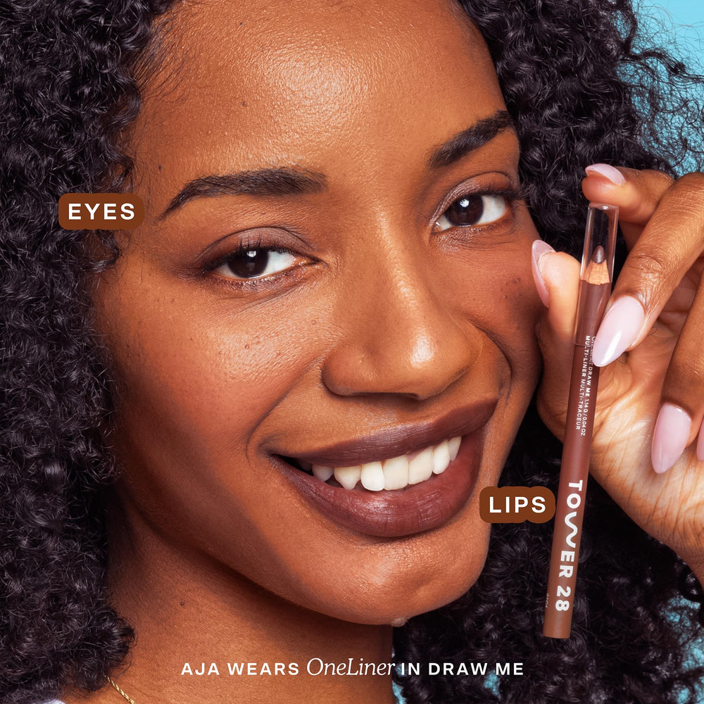 Tower 28 OneLiner lip contour closeup showing smooth glide and rich pigment payoff.