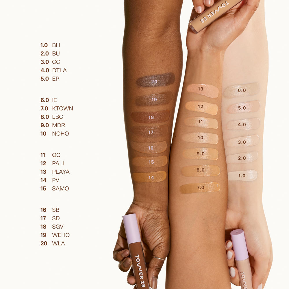 Tower 28 Swipe Serum Concealer texture glides on skin for seamless coverage.