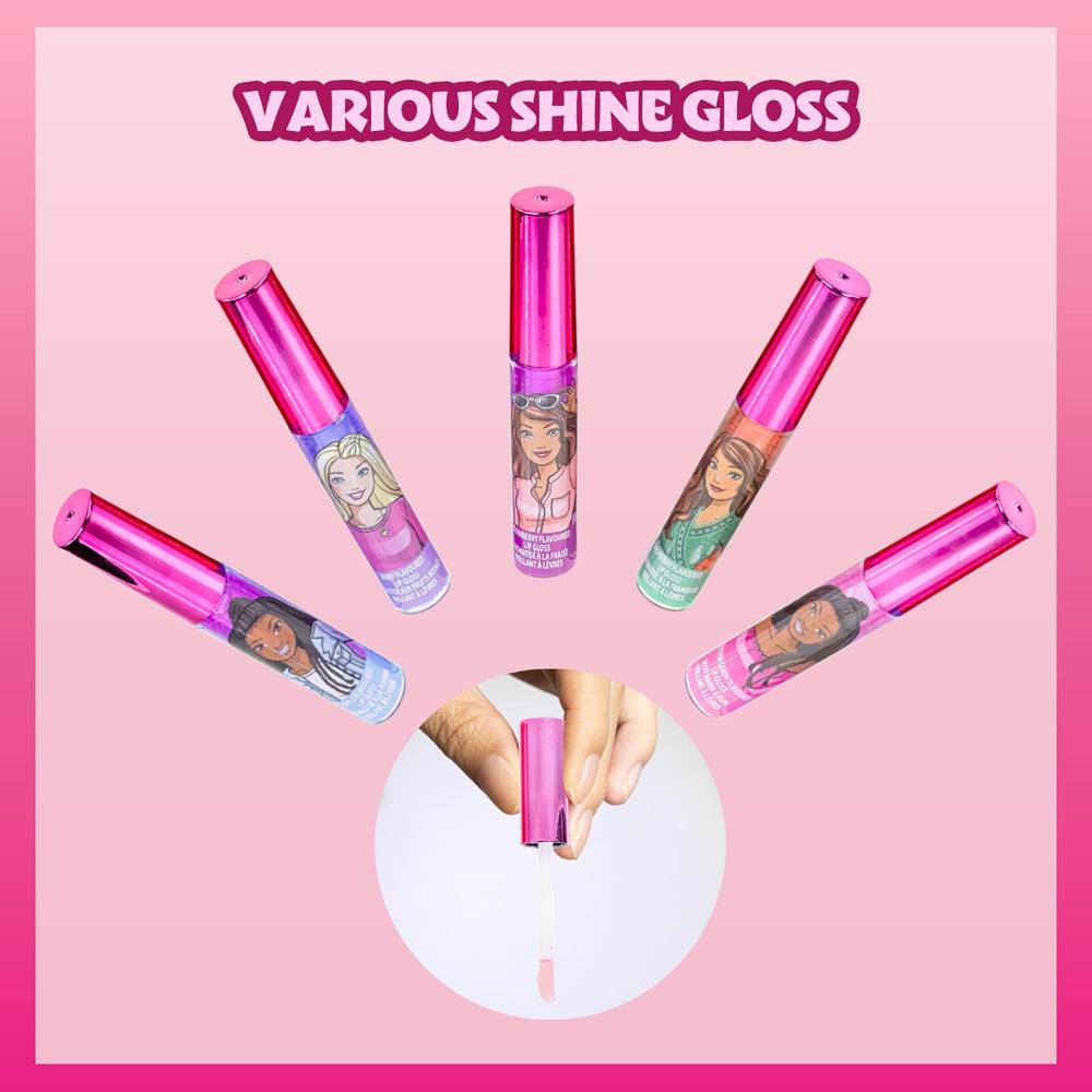 Townley Girl Barbie lip gloss decorated with Barbie characters.