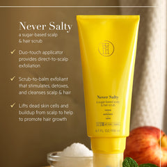 TPH by Taraji Never Salty Sugar Scalp Scrub bottle on shelf emphasizes simple cleansing ritual.