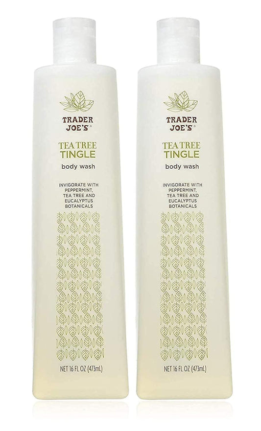 Trader Joe's Tea Tree Tingle bottle pour for a refreshing wake-up cleanse.