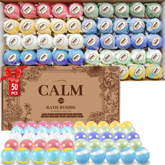 TranquilBliss 50pcs bath bombs gift box ready for gifting and home spa moments.