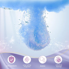 TranquilBliss bathbombs with blue scraper tool for easy seal opening.