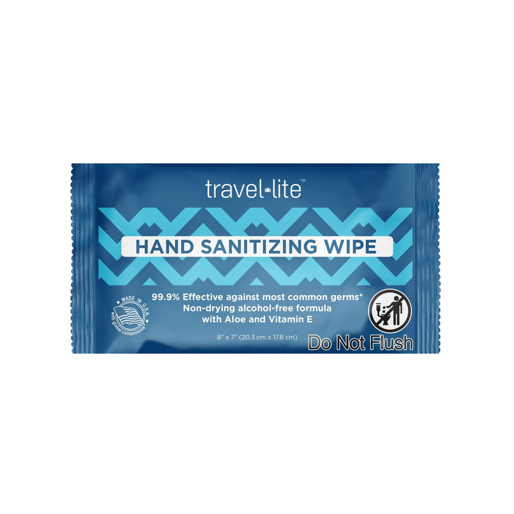 Travel Lite hand wipes with benzalkonium in a pocket pack for quick cleansing on the go.