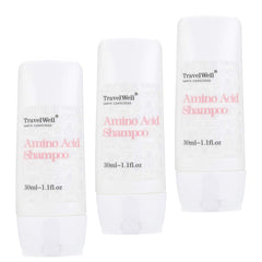 Travelwell ECO Amenities shampoo bottle on shelf shows travel-friendly hospitality use