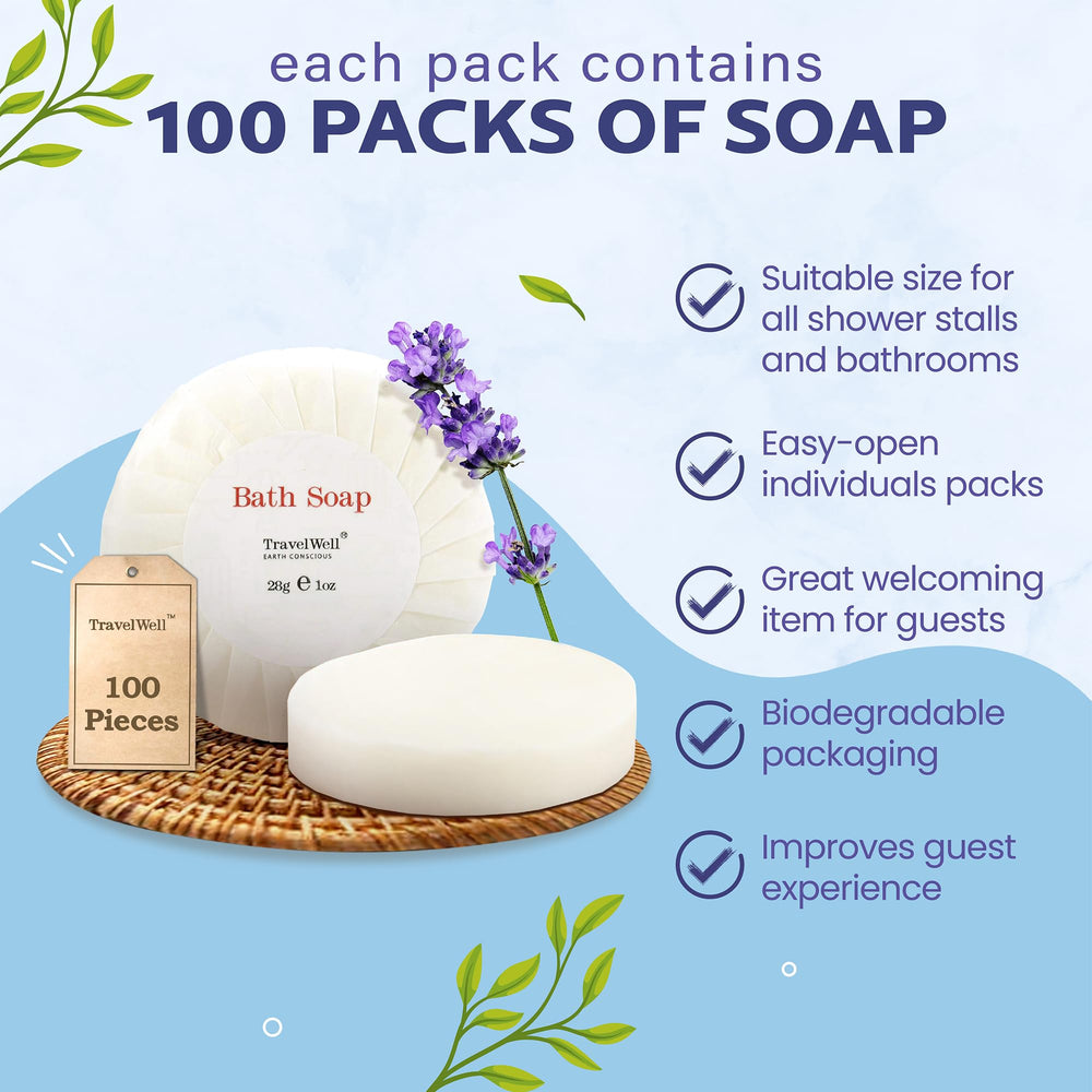 Travelwell mini hotel soap 1 oz, easy to replace during housekeeping.