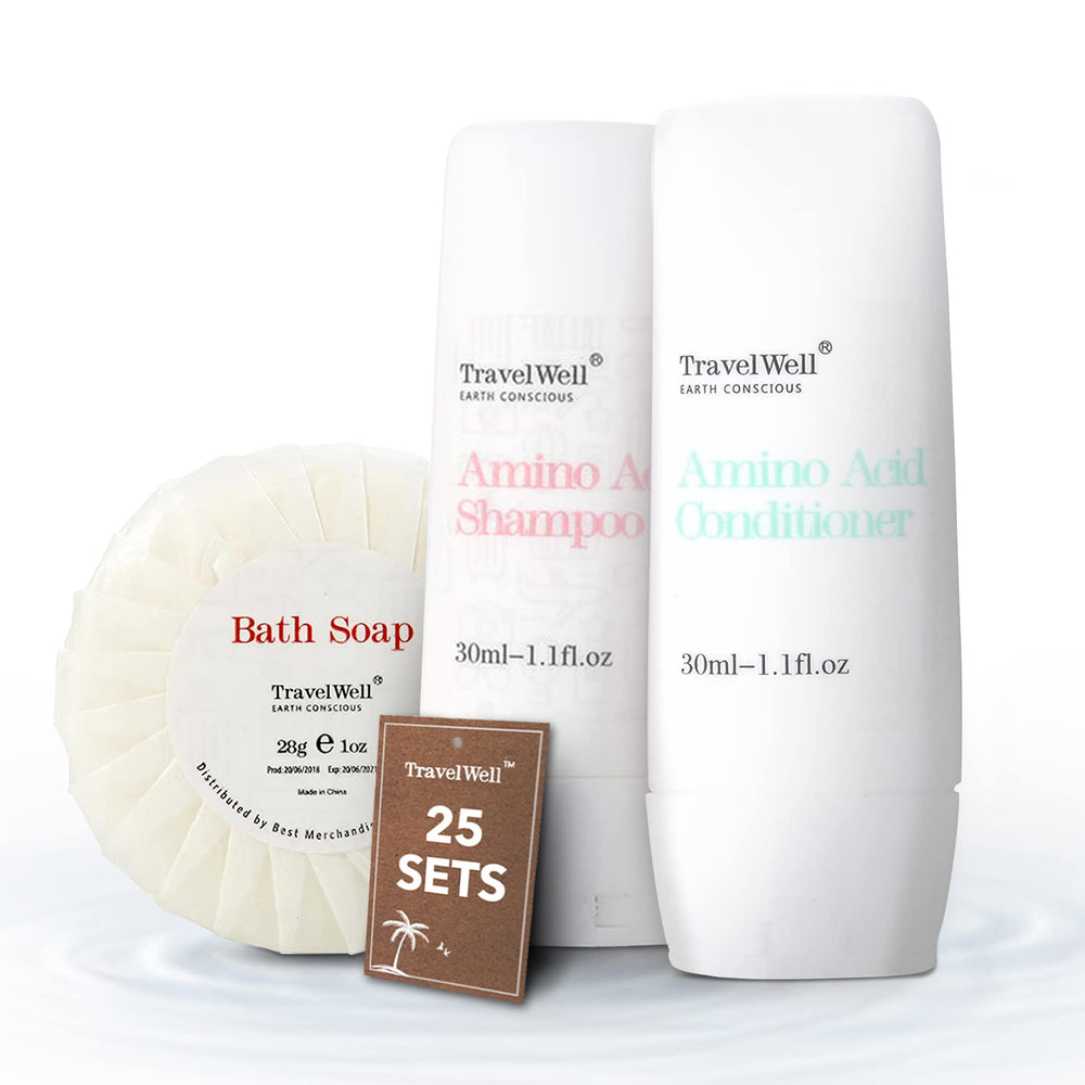 Travel Well mini shampoo bottle shows amino acid formula for gentle hotel cleansing