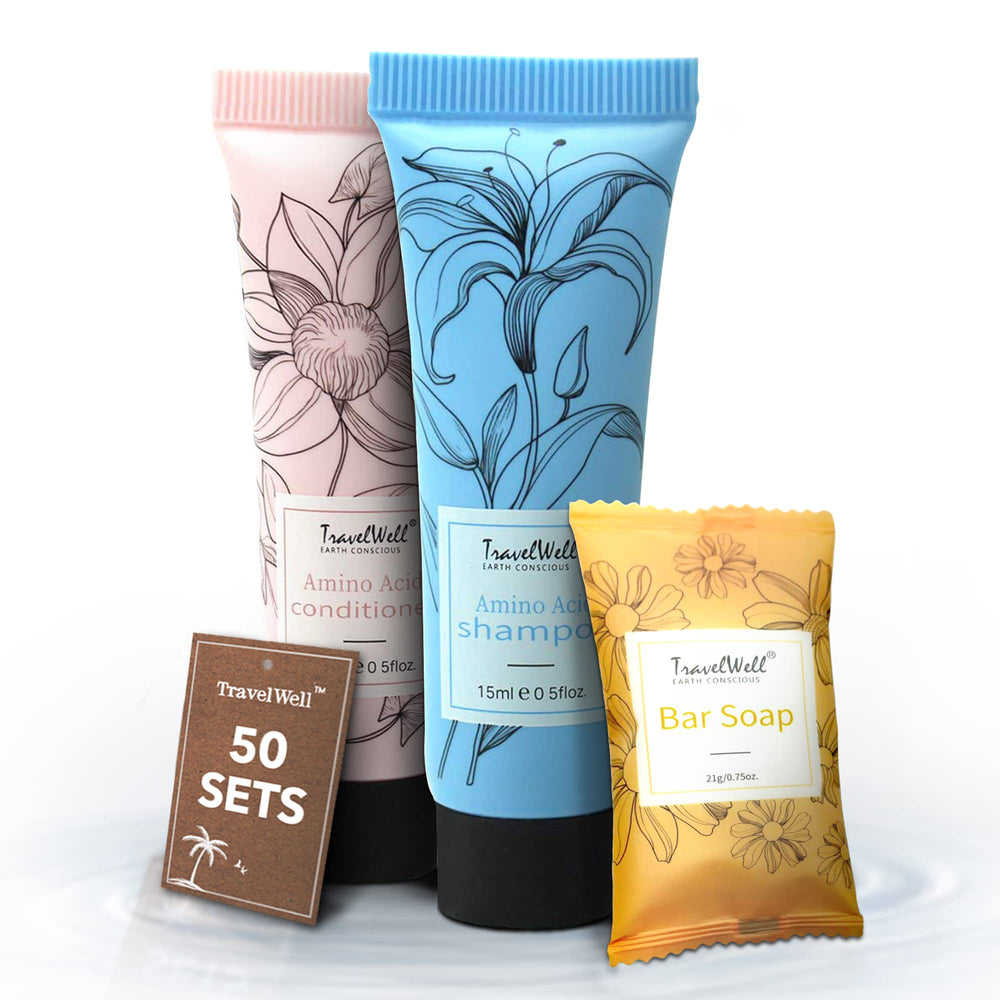 Travel Well mini shampoo bottle for hotel guests with refreshing scent