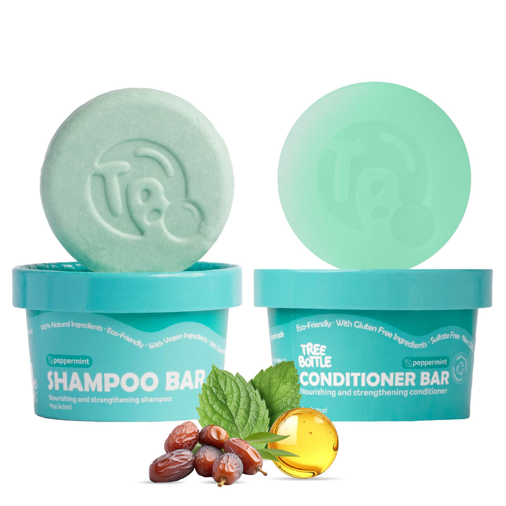 Tree Bottle castor oil shampoo bar set for refreshing cleansing and nourished hair.