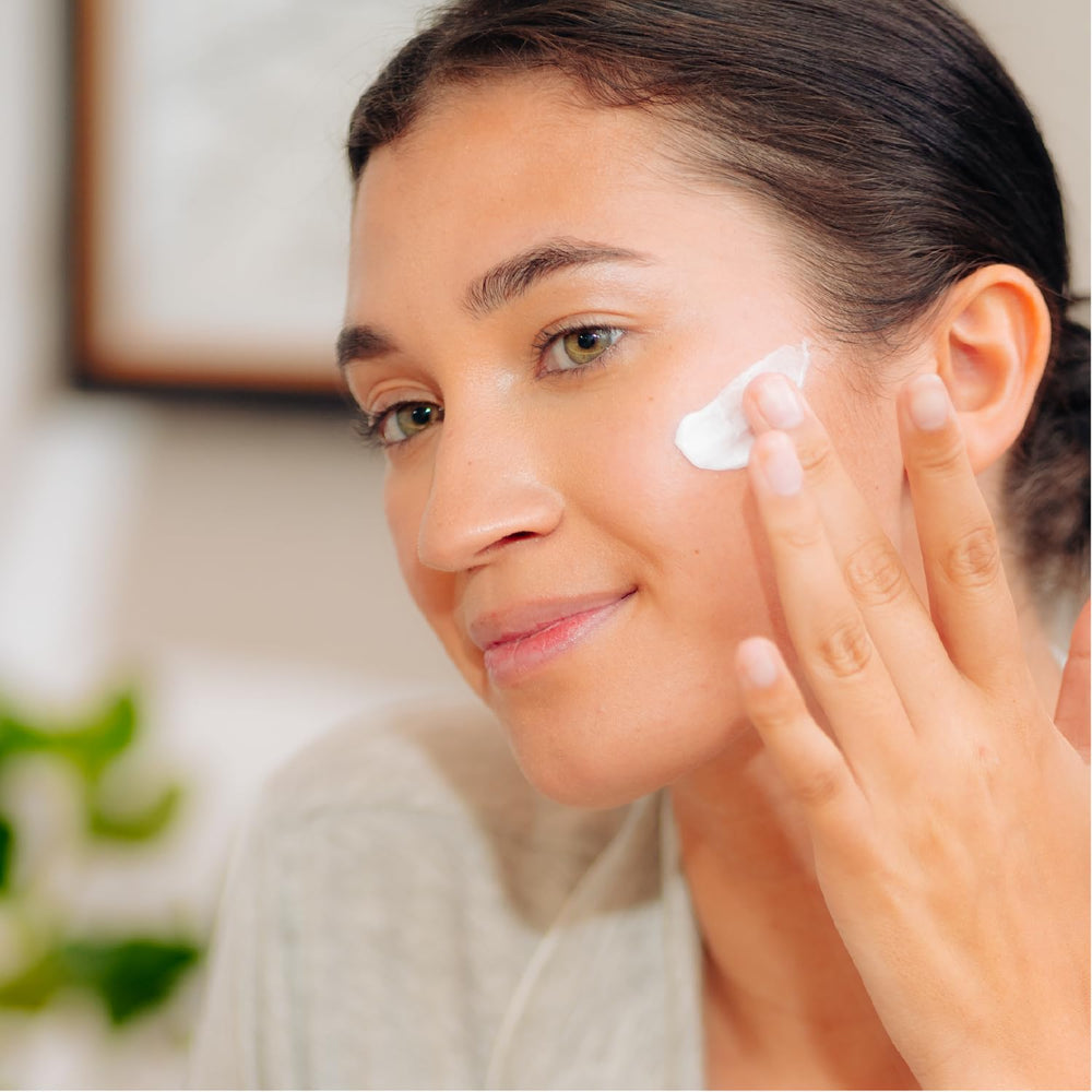 Tree of Life Beauty facial application during morning routine demonstrates quick absorption.