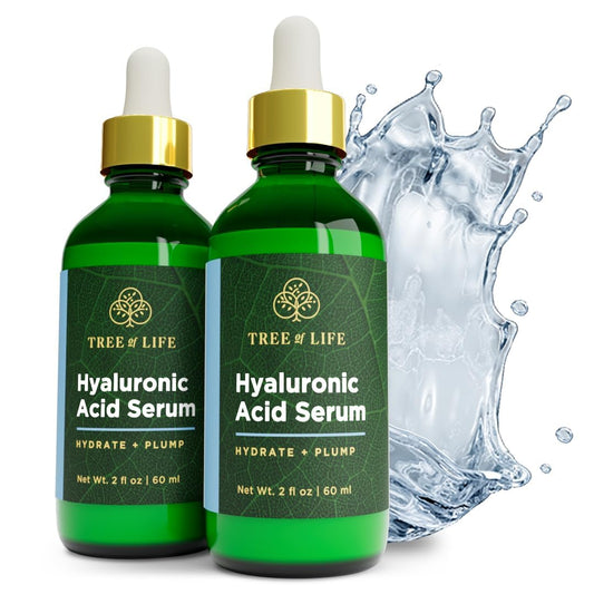 Tree of Life Beauty hyaluronic serum bottle for daily hydration and glow.