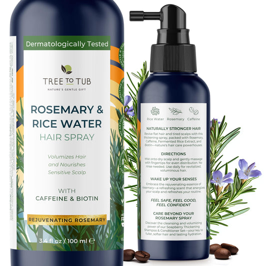 Tree To Tub Rosemary Water Spray bottle delivers volumizing mist for daily scalp nourishment.
