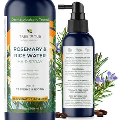 Tree To Tub Rosemary Water Spray bottle delivers volumizing mist for daily scalp nourishment.