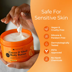 Tree to Tub Shea Body Butter with vitamin C droplets illustration.