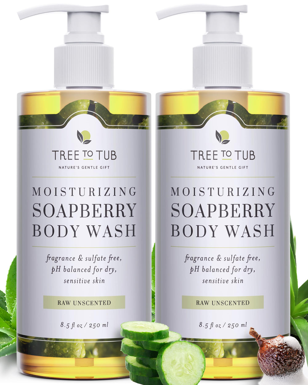 Tree to Tub Unscented bottle pour illustrating fragrance-free cleanse for sensitive skin.