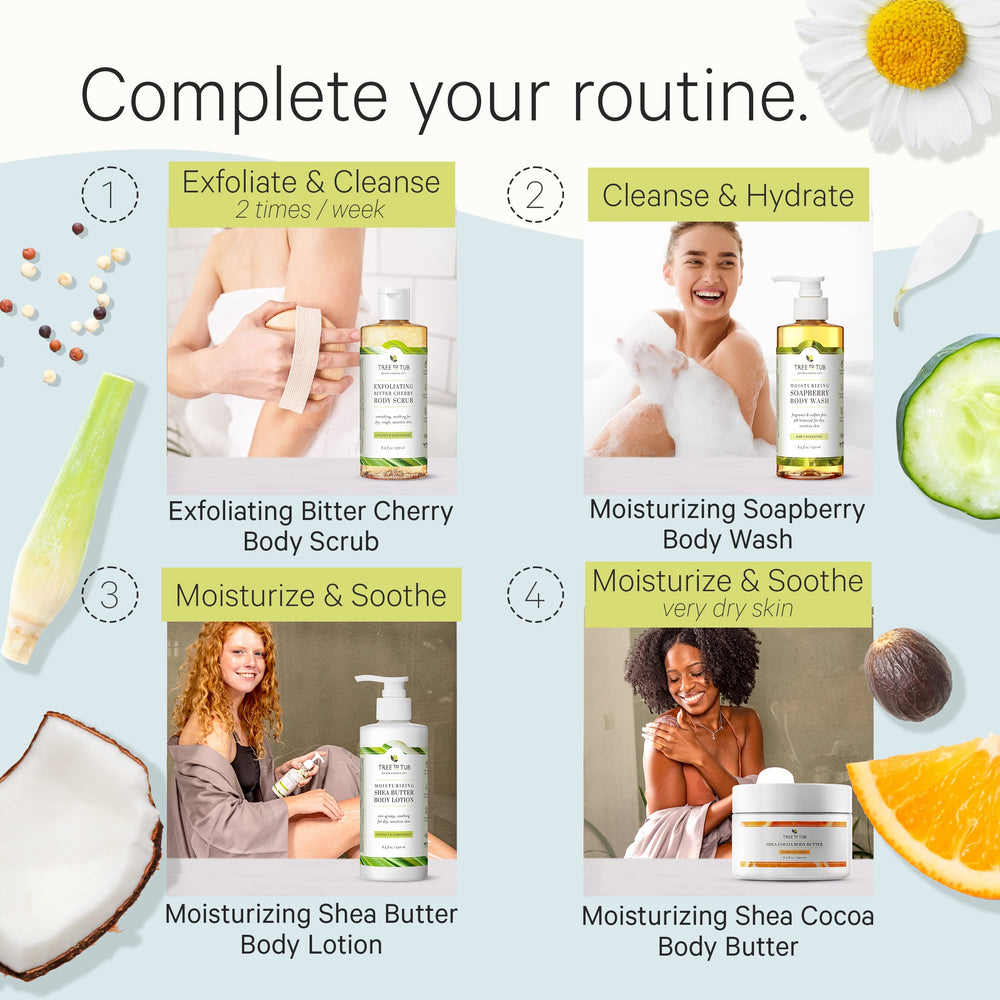 Tree to Tub Unscented moisturized skin image highlights gentle hydration.
