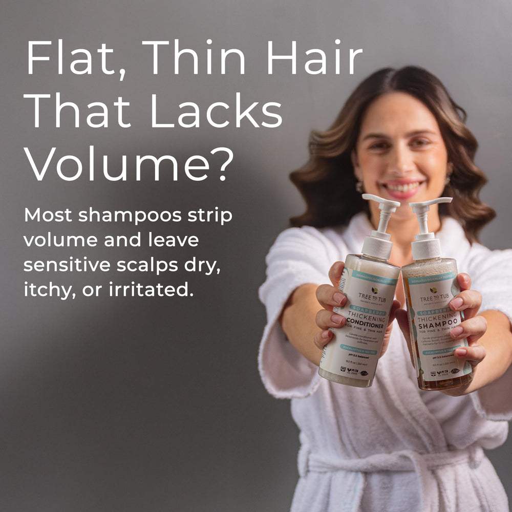 Tree to Tub Volumizing Conditioner bottle closeup highlighting added body and thickness.