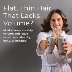 Tree to Tub Volumizing Conditioner bottle closeup highlighting added body and thickness.