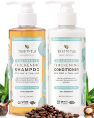 Tree to Tub Volumizing Shampoo bottle closeup with caffeine boost for fuller-looking hair.