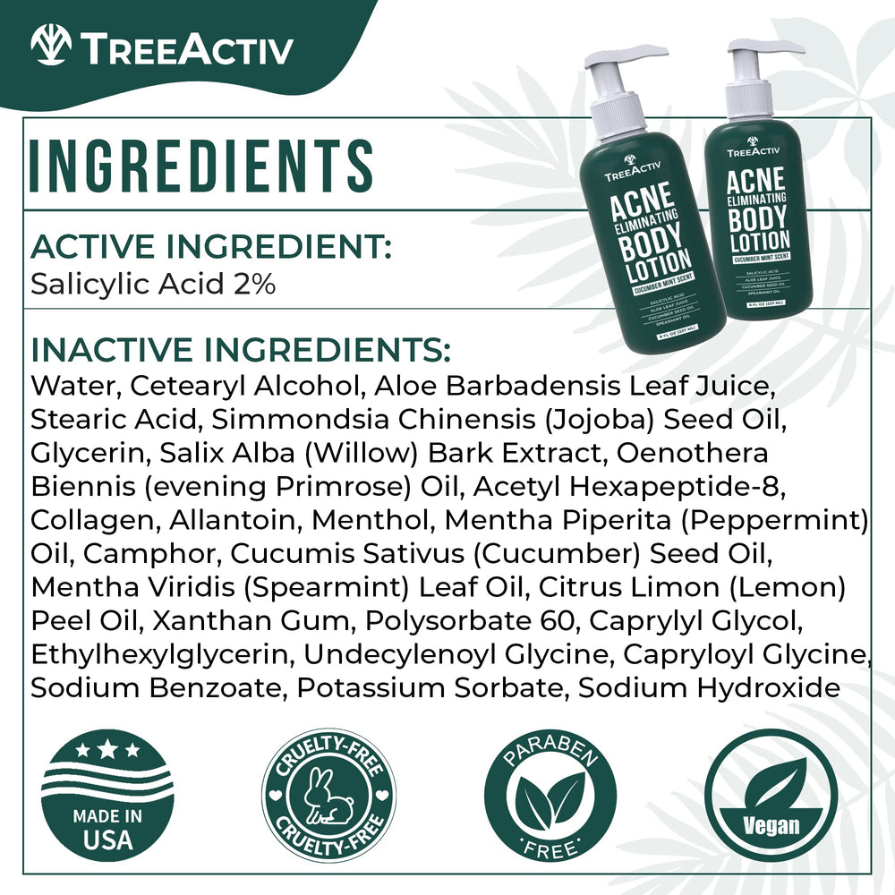 TreeActiv Acne Eliminating Body Lotion being massaged into shoulders for smooth, hydrated skin.