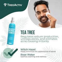 TreeActiv Balancing Herbal Toner label-packaging highlights alcohol-free formula for sensitive skin.