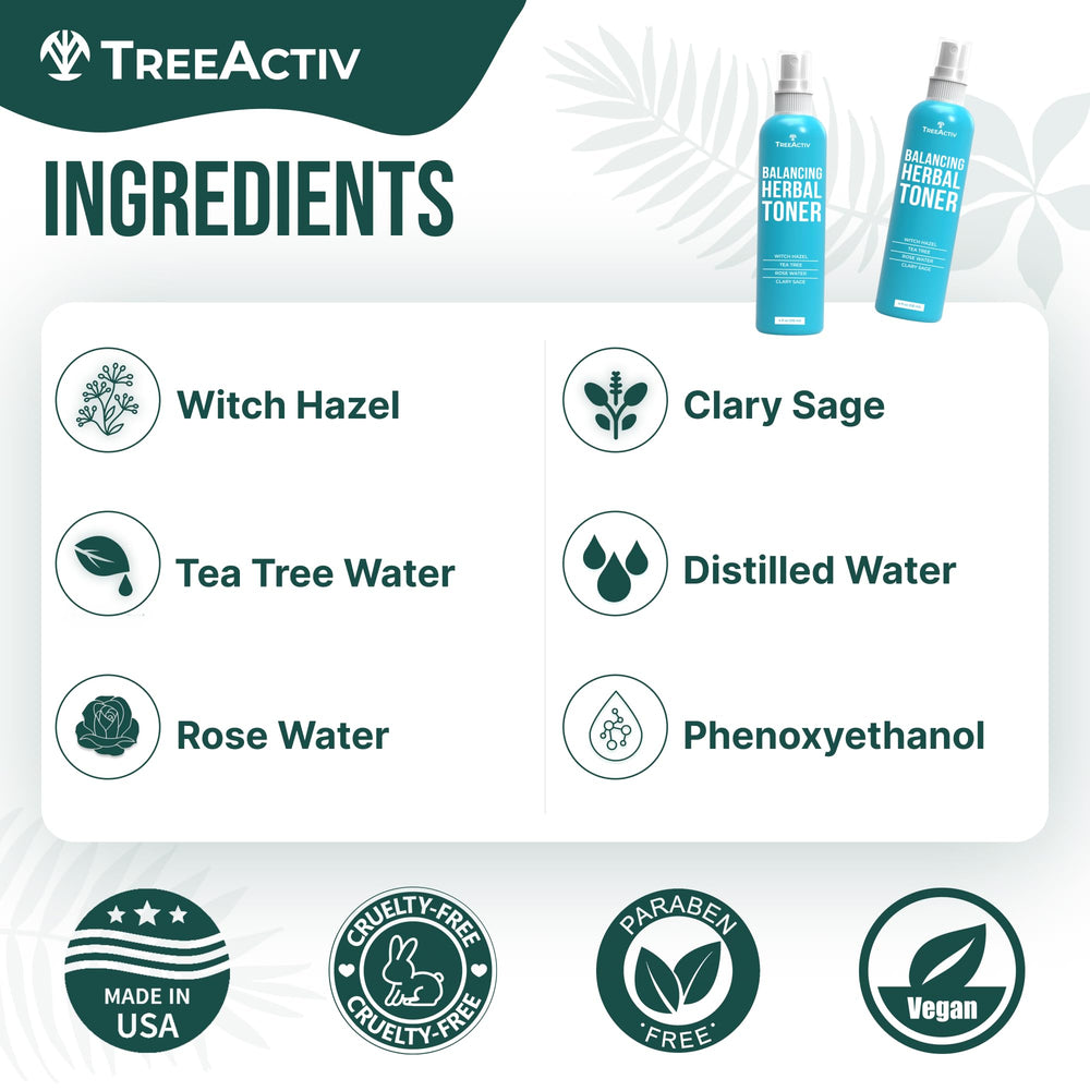 TreeActiv Balancing Herbal Toner tea-tree-clarity bottle supports fresh, acne-prone skin.