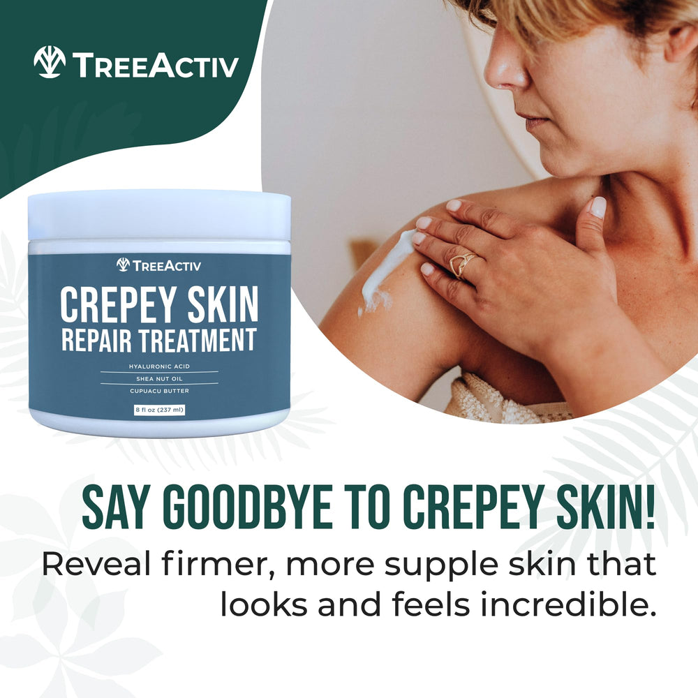 TreeActiv Cream neck application demonstrates smoothing on neck and chest