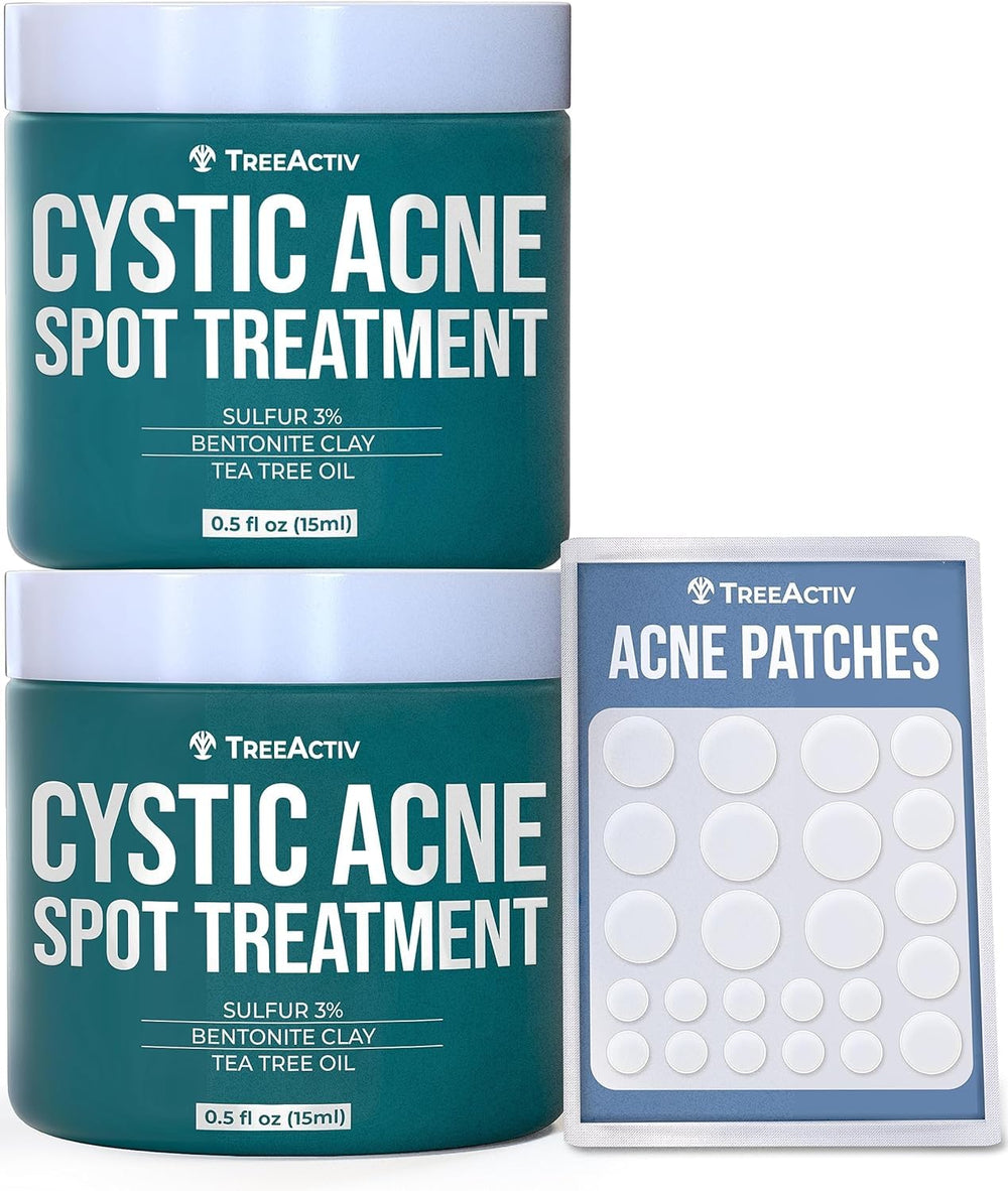 TreeActiv cystic acne spot treatment bottle close-up for targeted relief on blemishes