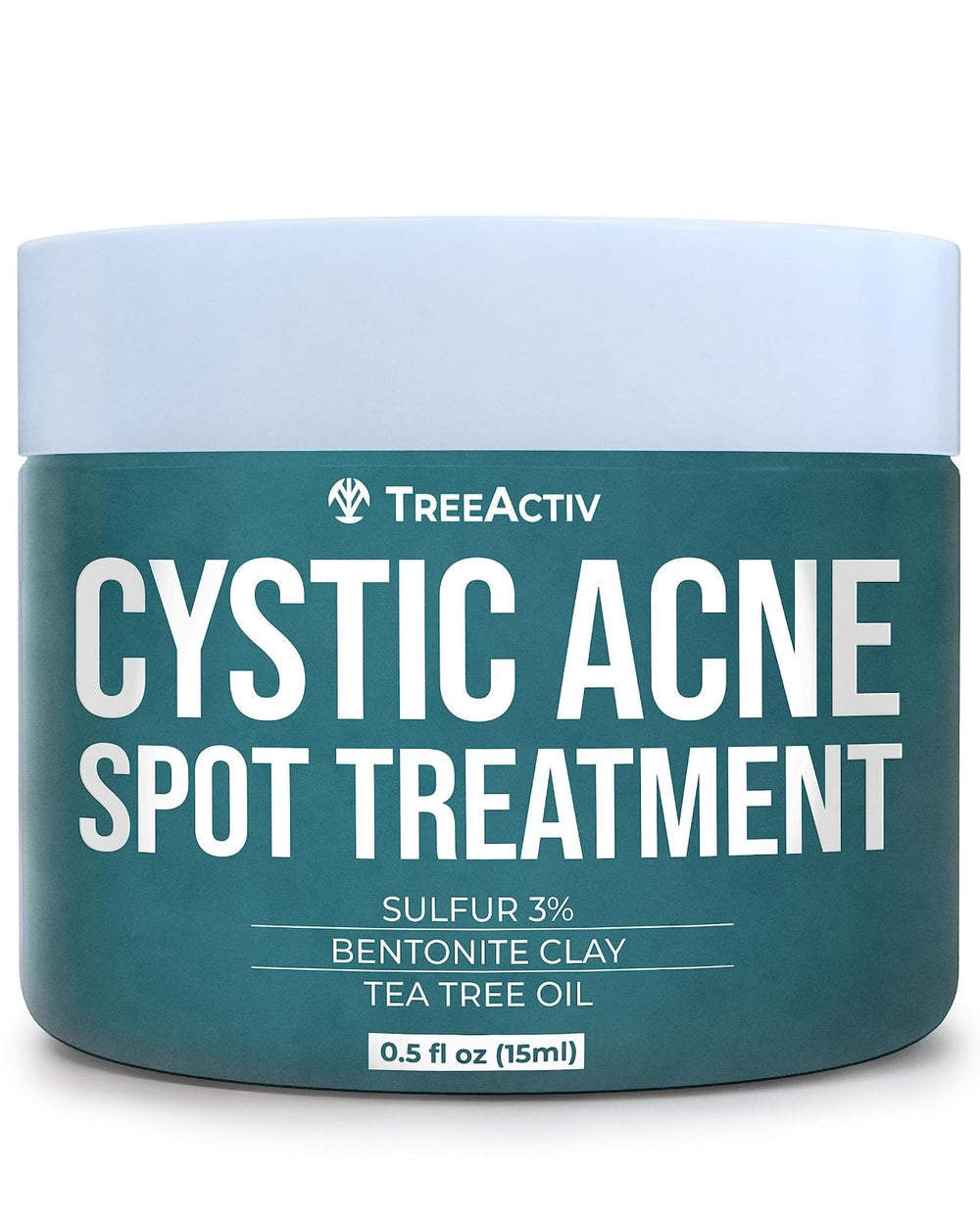 TreeActiv cystic acne spot treatment jar close-up showing texture for targeted blemish care.