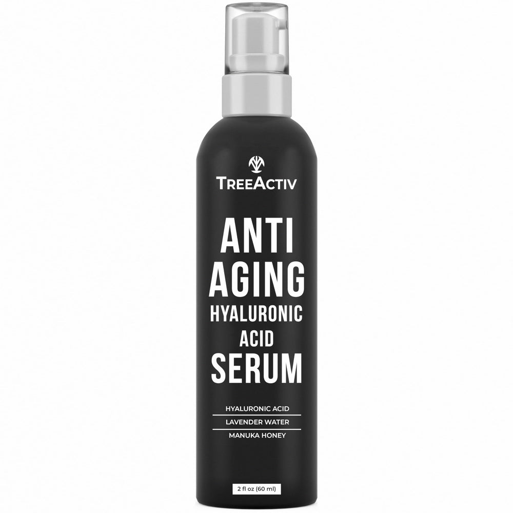 TreeActiv Hyaluronic Serum bottle close-up showing hydrating, plumping potential.