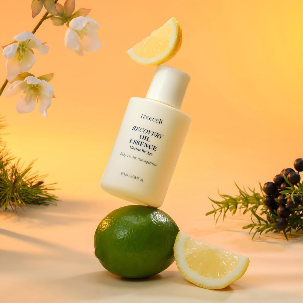 Treecell Recovery Oil Essence highlights UV and heat protection themes.