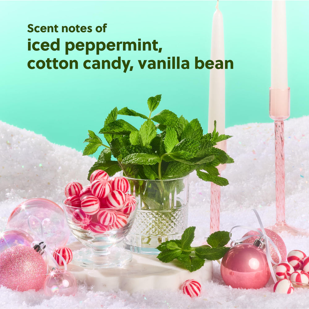 Tree Hut Merry Mint label close-up showcases the holiday-inspired fragrance and clean formula
