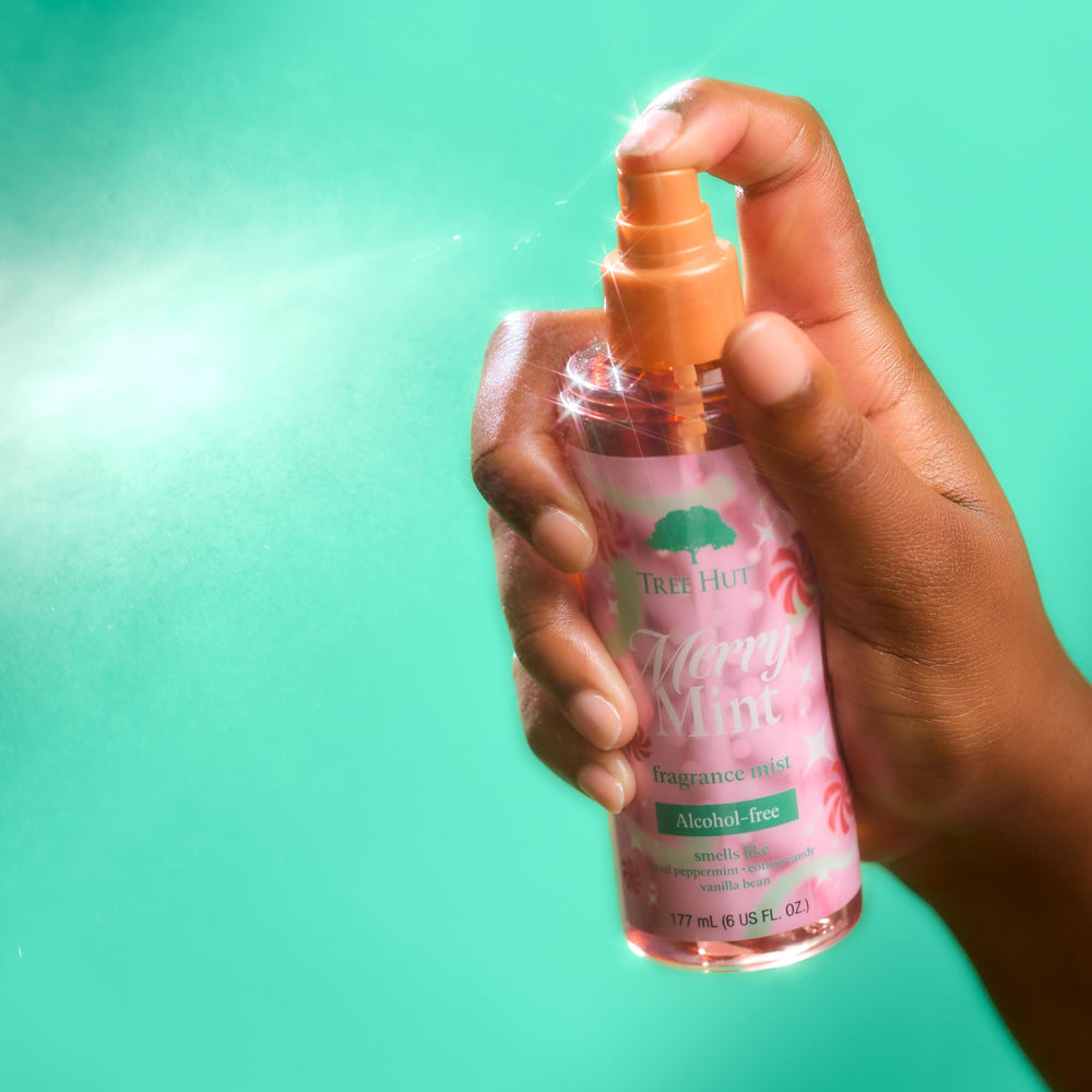 Tree Hut Merry Mint packaging emphasizes alcohol-free hydration suitable for sensitive skin