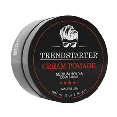 TRENDSTARTER Cream Pomade travel size packaging showcases premium USA-made formula for on-the-go styling.