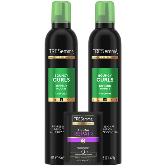 TRESemmé Bouncy Curls Mousse bottle for defined, long-lasting curls.
