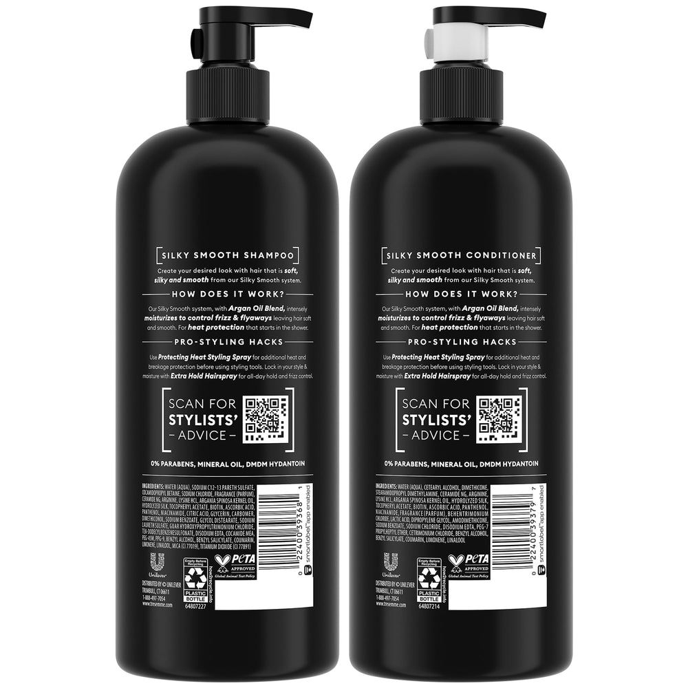 TRESemmé conditioner bottle close-up promotes smooth, manageable hair.