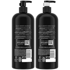 TRESemmé conditioner bottle close-up promotes smooth, manageable hair.