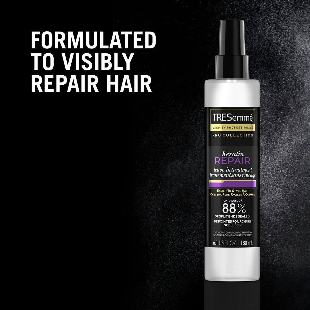 TRESemmé Keratin Repair Leave-In on damp hair for easy detangling and control.