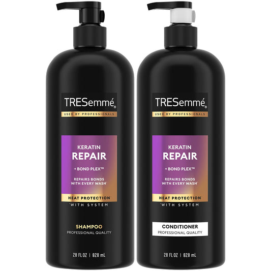 TRESemmé Keratin Repair Shampoo bottle delivering smoothing wash for frizz-prone hair.